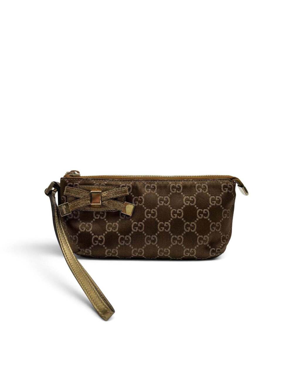 Gucci GG Canvas Bow Wristlet Pouch Metallic Gold Leather